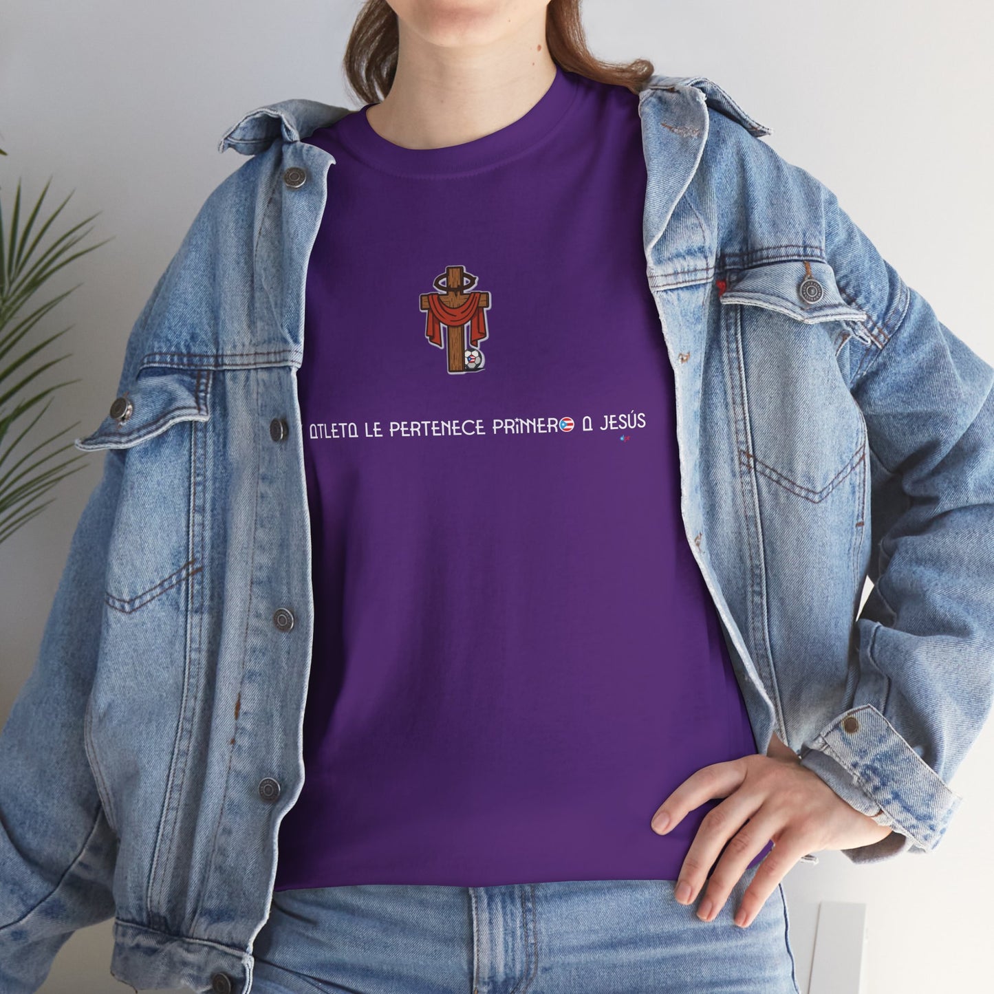 Mi Atleta Pertenece Primero a Jesús | Puerto Rico Faith Cross Soccer ball Unisex Heavy Cotton Tee