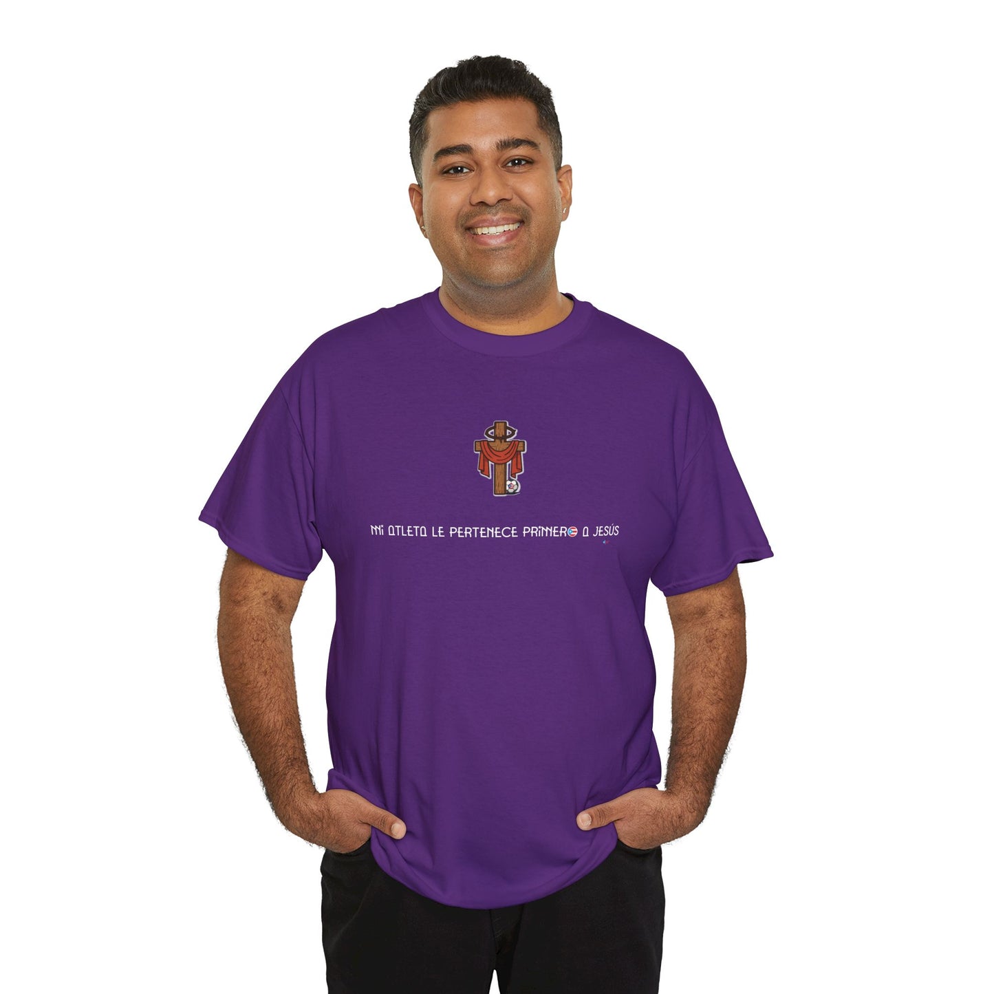 Mi Atleta Pertenece Primero a Jesús | Puerto Rico Faith Cross Soccer ball Unisex Heavy Cotton Tee