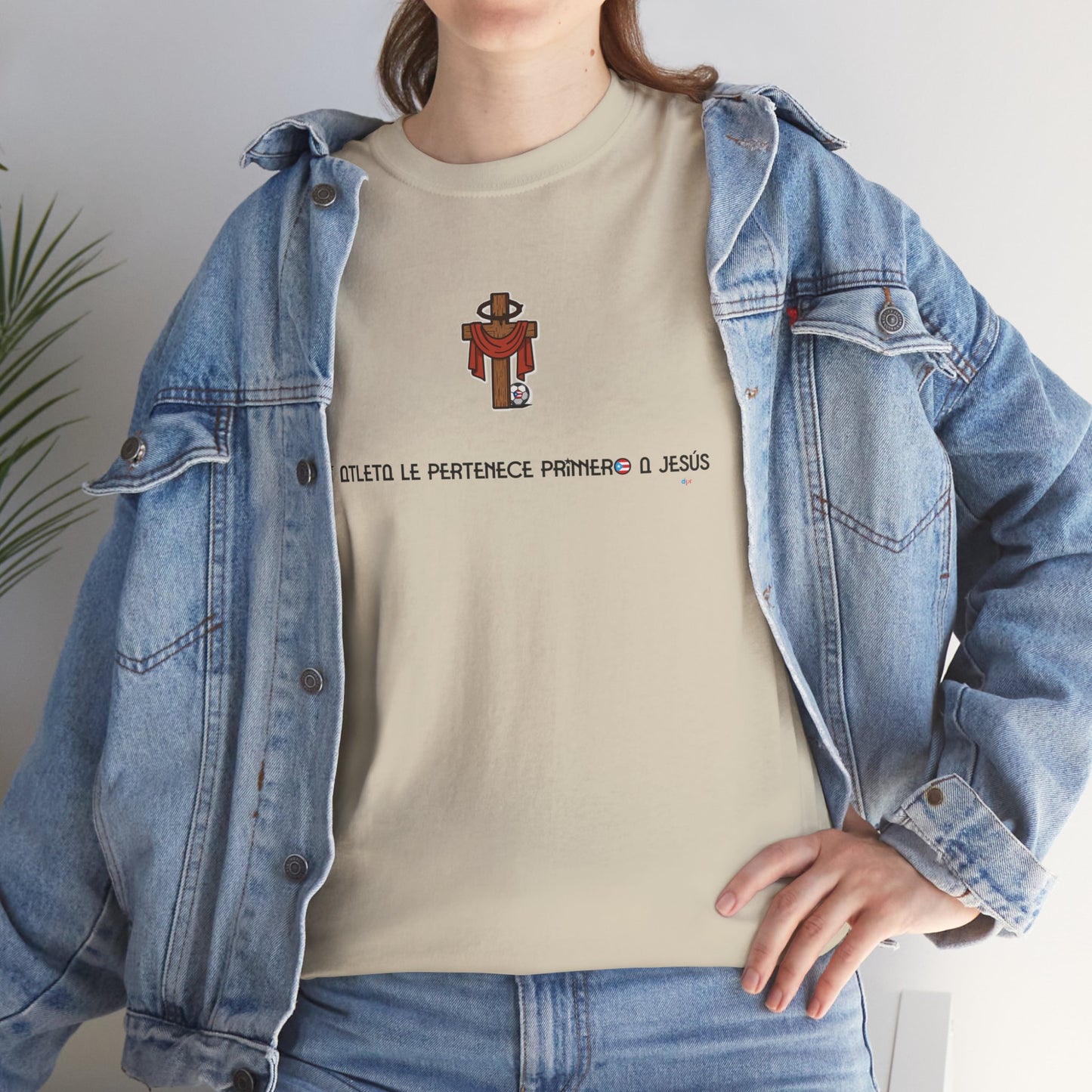 Mi Atleta Pertenece Primero a Jesús | Puerto Rico Faith Cross Soccer ball Unisex Heavy Cotton Tee