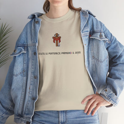 Mi Atleta Pertenece Primero a Jesús | Puerto Rico Faith Cross Soccer ball Unisex Heavy Cotton Tee