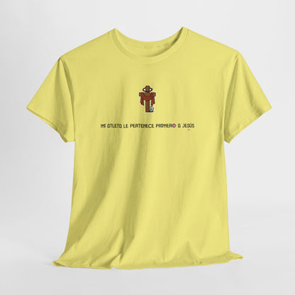 Mi Atleta Pertenece Primero a Jesús | Puerto Rico Faith Cross Soccer ball Unisex Heavy Cotton Tee