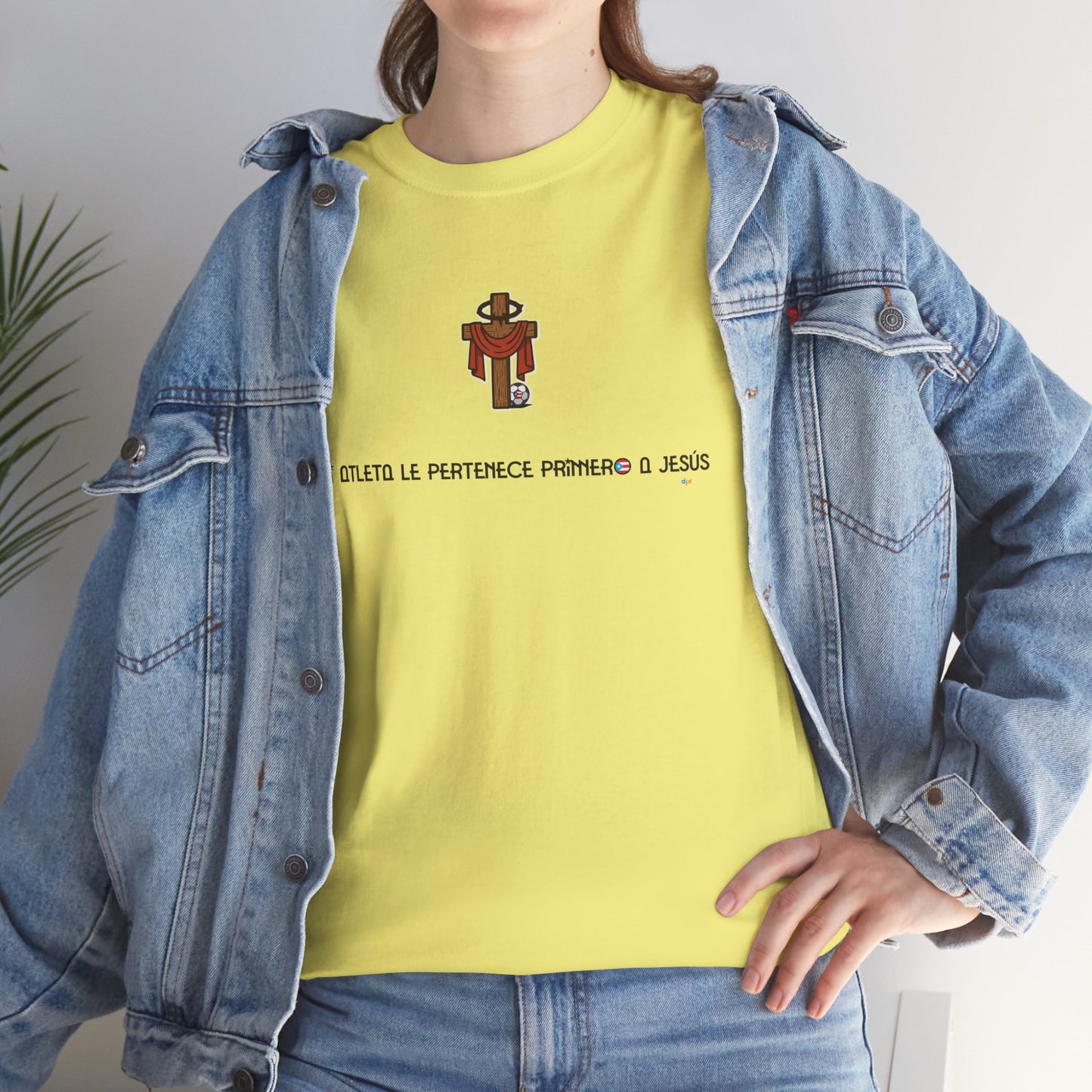 Mi Atleta Pertenece Primero a Jesús | Puerto Rico Faith Cross Soccer ball Unisex Heavy Cotton Tee