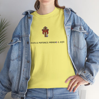 Mi Atleta Pertenece Primero a Jesús | Puerto Rico Faith Cross Soccer ball Unisex Heavy Cotton Tee