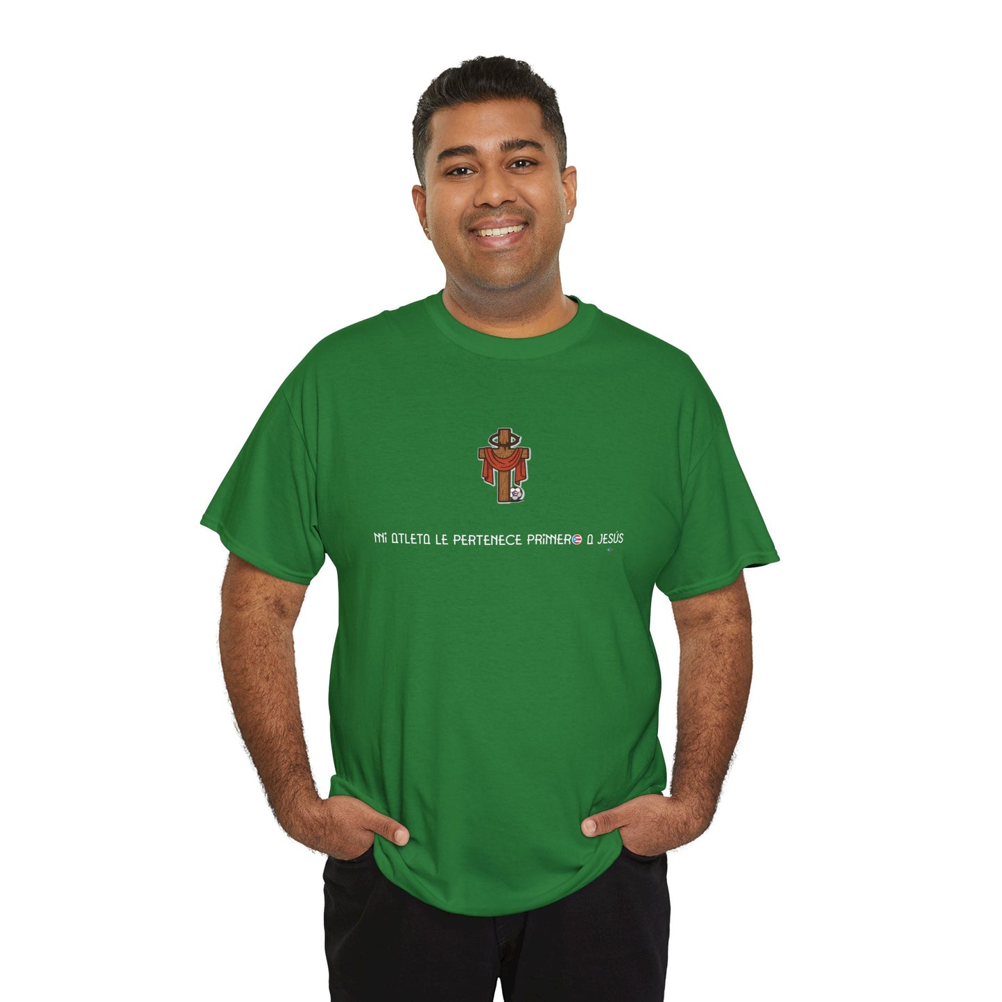 Mi Atleta Pertenece Primero a Jesús | Puerto Rico Faith Cross Soccer ball Unisex Heavy Cotton Tee