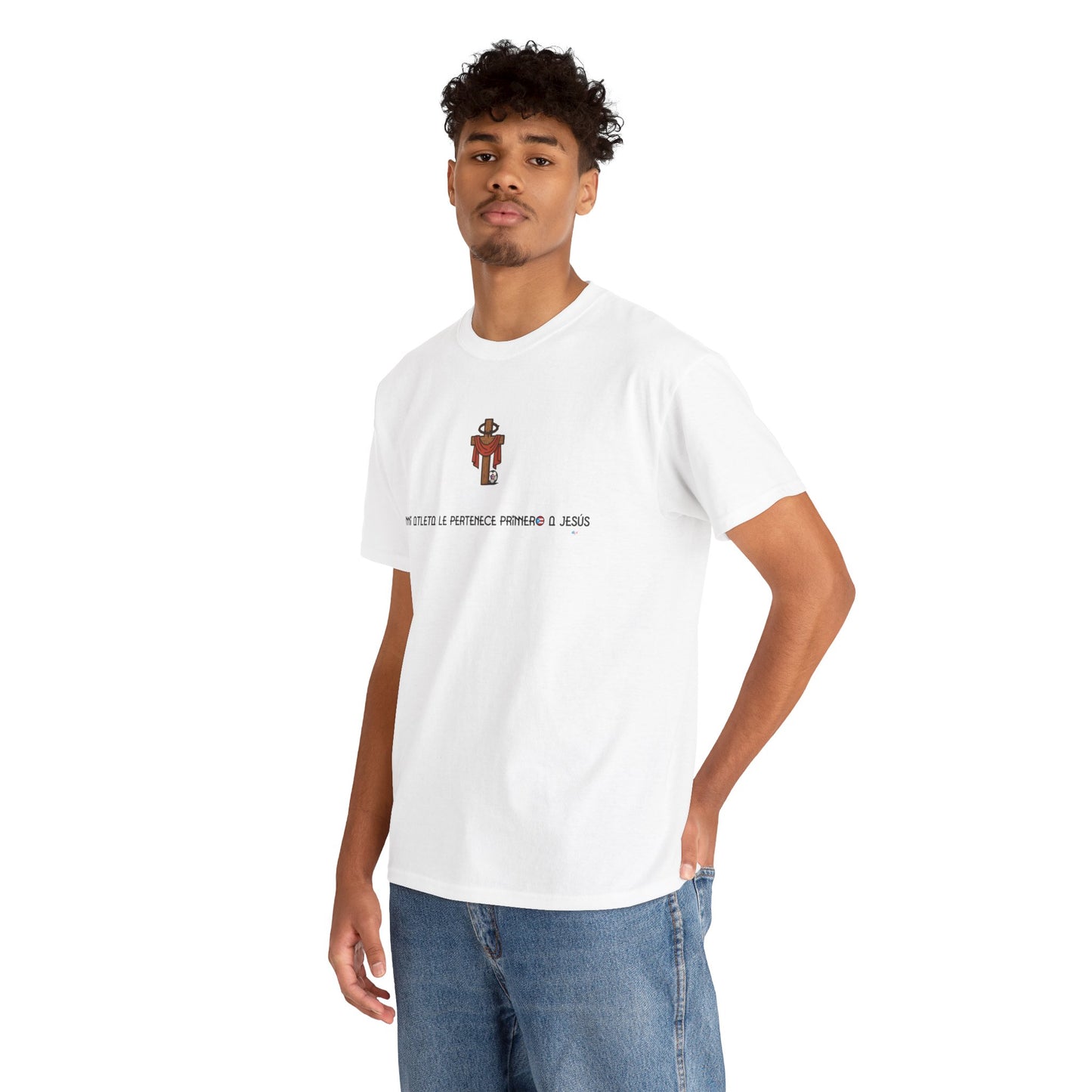 Mi Atleta Pertenece Primero a Jesús | Puerto Rico Faith Cross Soccer ball Unisex Heavy Cotton Tee