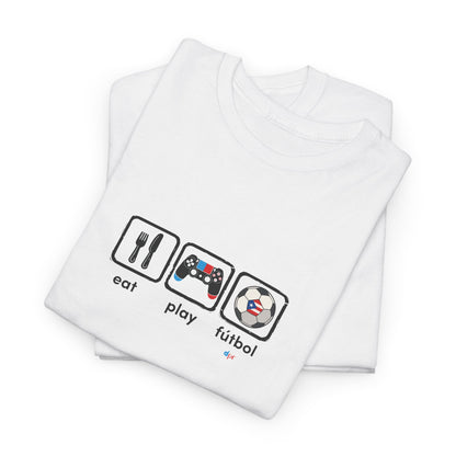 Eat Play Fútbol Graphic Tee | Puerto Rican Flag Soccer Shirt | Unisex Heavy Cotton T-Shirt