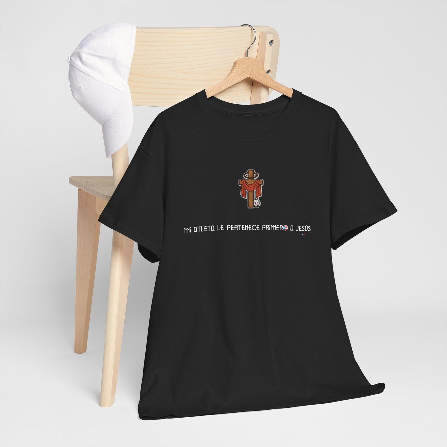 Mi Atleta Pertenece Primero a Jesús | Puerto Rico Faith Cross Soccer ball Unisex Heavy Cotton Tee