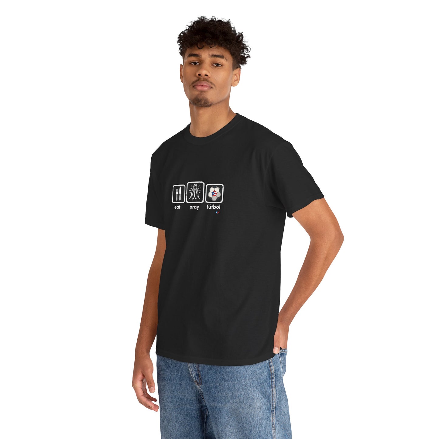 Eat Pray Fútbol Graphic Tee | Puerto Rican Flag Soccer Shirt | Unisex Heavy Cotton T-Shirt