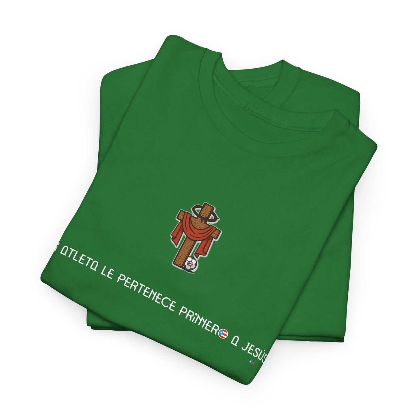 Mi Atleta Pertenece Primero a Jesús | Puerto Rico Faith Cross Soccer ball Unisex Heavy Cotton Tee