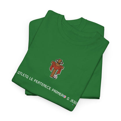 Mi Atleta Pertenece Primero a Jesús | Puerto Rico Faith Cross Soccer ball Unisex Heavy Cotton Tee