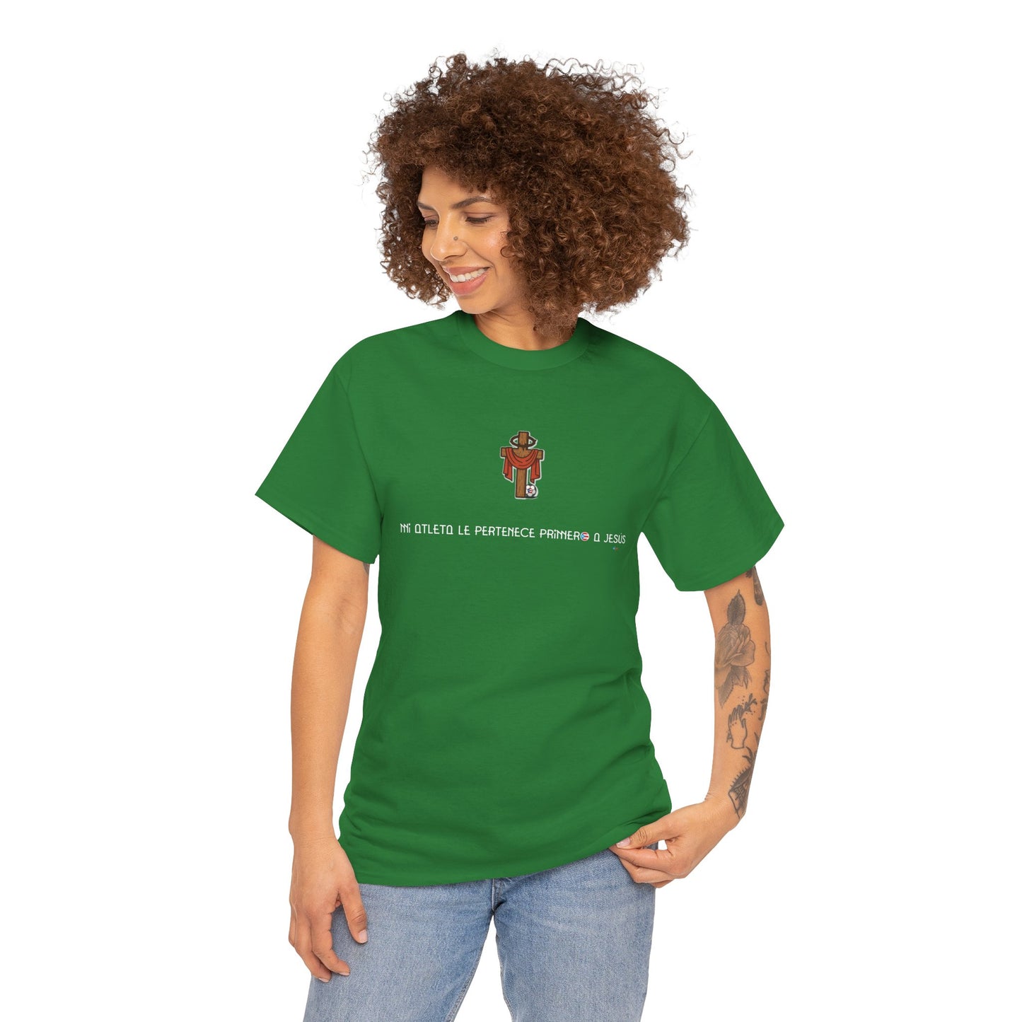 Mi Atleta Pertenece Primero a Jesús | Puerto Rico Faith Cross Soccer ball Unisex Heavy Cotton Tee