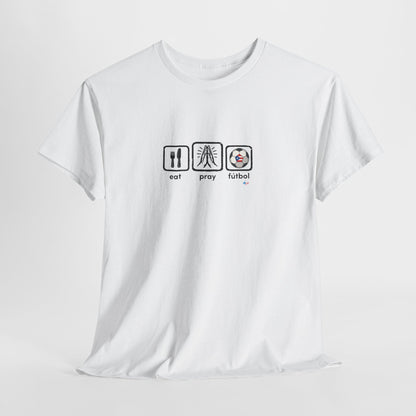 Eat Pray Fútbol Graphic Tee | Puerto Rican Flag Soccer Shirt | Unisex Heavy Cotton T-Shirt