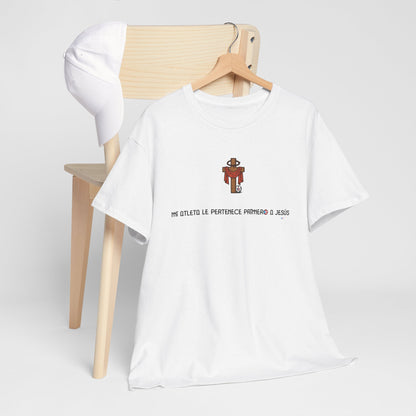Mi Atleta Pertenece Primero a Jesús | Puerto Rico Faith Cross Soccer ball Unisex Heavy Cotton Tee