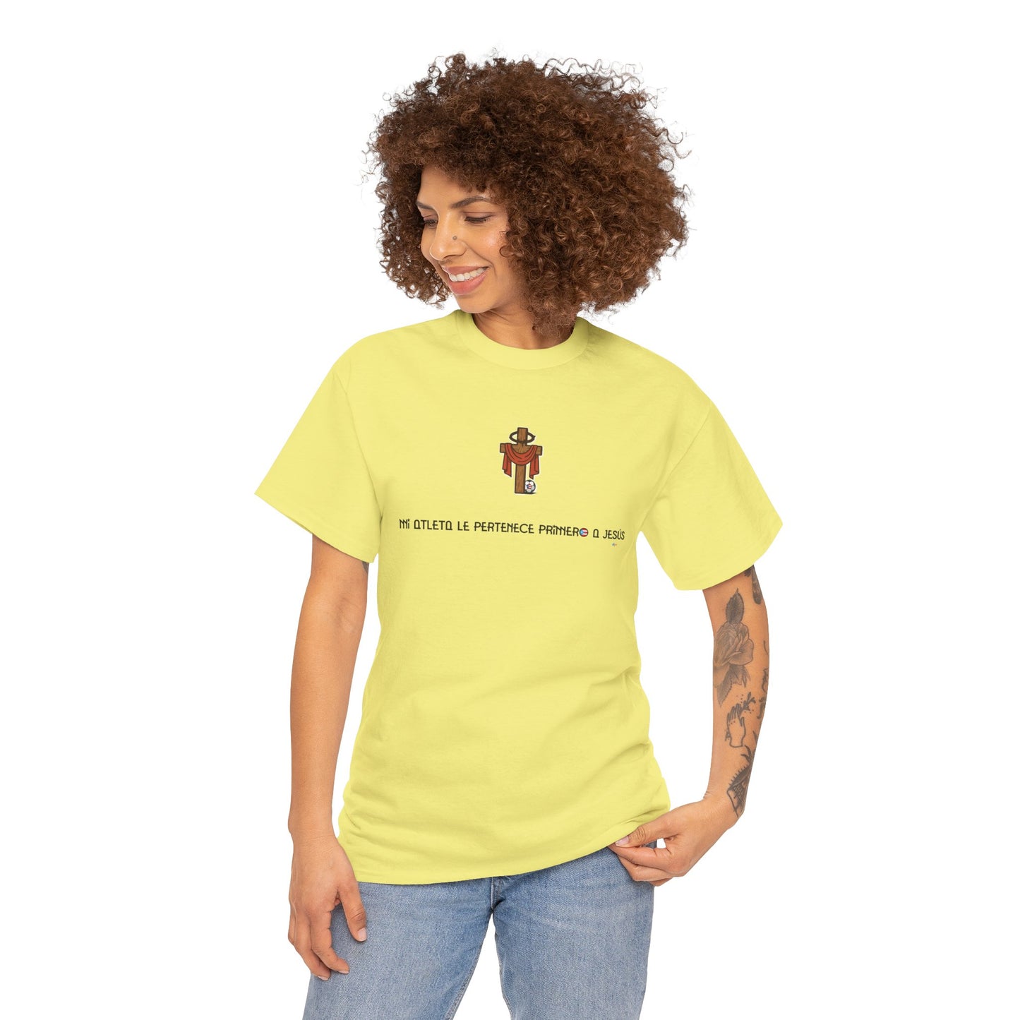 Mi Atleta Pertenece Primero a Jesús | Puerto Rico Faith Cross Soccer ball Unisex Heavy Cotton Tee