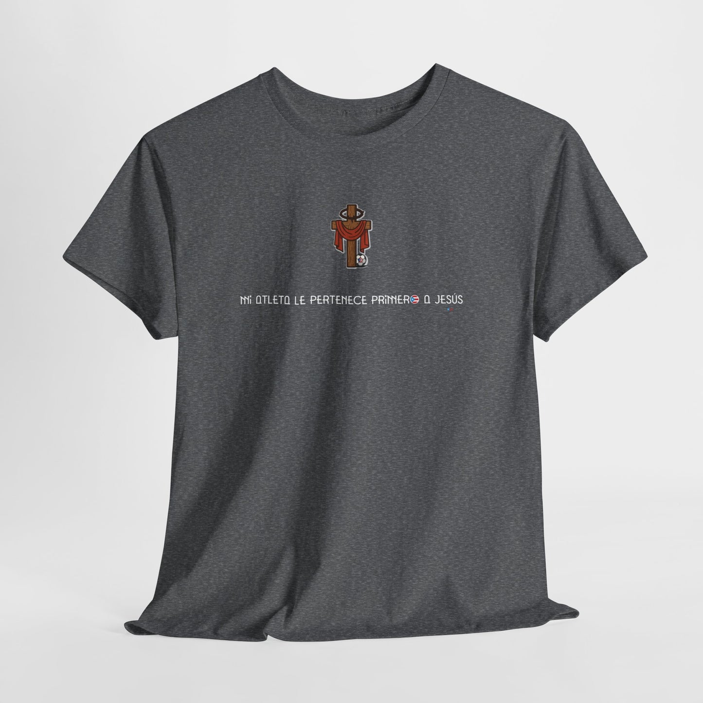 Mi Atleta Pertenece Primero a Jesús | Puerto Rico Faith Cross Soccer ball Unisex Heavy Cotton Tee