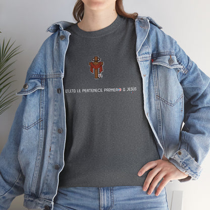 Mi Atleta Pertenece Primero a Jesús | Puerto Rico Faith Cross Soccer ball Unisex Heavy Cotton Tee