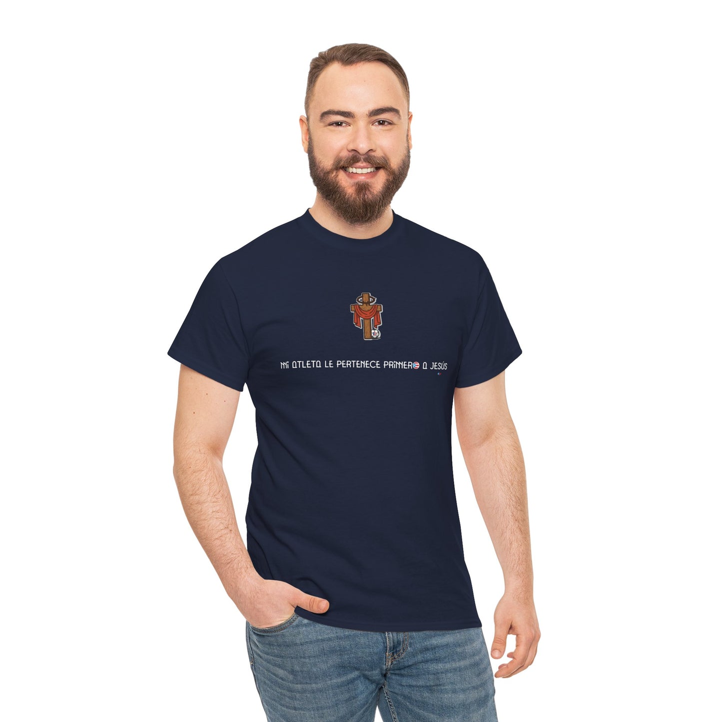 Mi Atleta Pertenece Primero a Jesús | Puerto Rico Faith Cross Soccer ball Unisex Heavy Cotton Tee