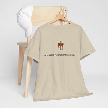 Mi Atleta Pertenece Primero a Jesús | Puerto Rico Faith Cross Soccer ball Unisex Heavy Cotton Tee