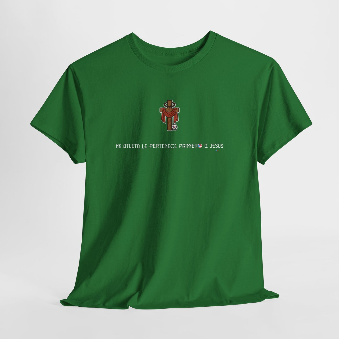 Mi Atleta Pertenece Primero a Jesús | Puerto Rico Faith Cross Soccer ball Unisex Heavy Cotton Tee