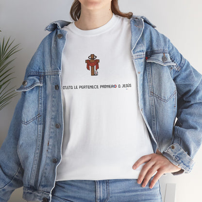 Mi Atleta Pertenece Primero a Jesús | Puerto Rico Faith Cross Soccer ball Unisex Heavy Cotton Tee