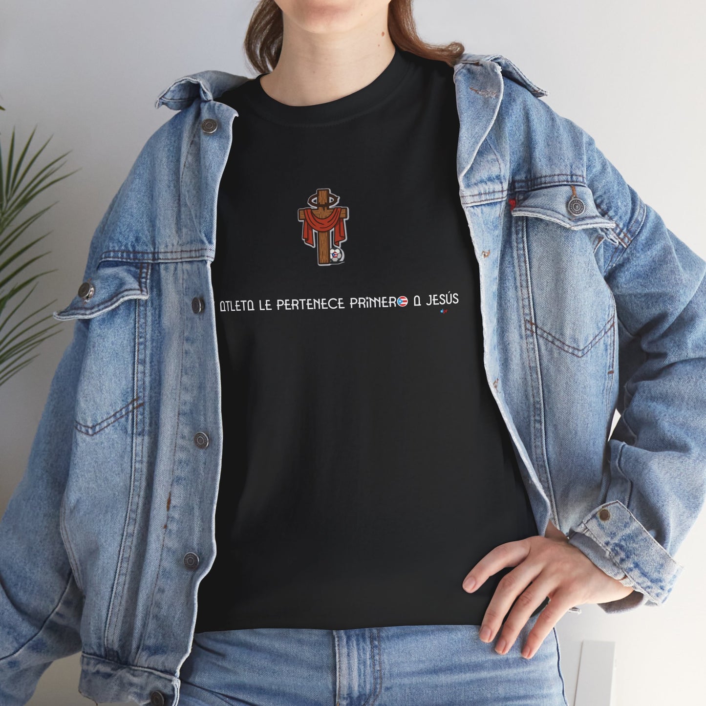 Mi Atleta Pertenece Primero a Jesús | Puerto Rico Faith Cross Soccer ball Unisex Heavy Cotton Tee