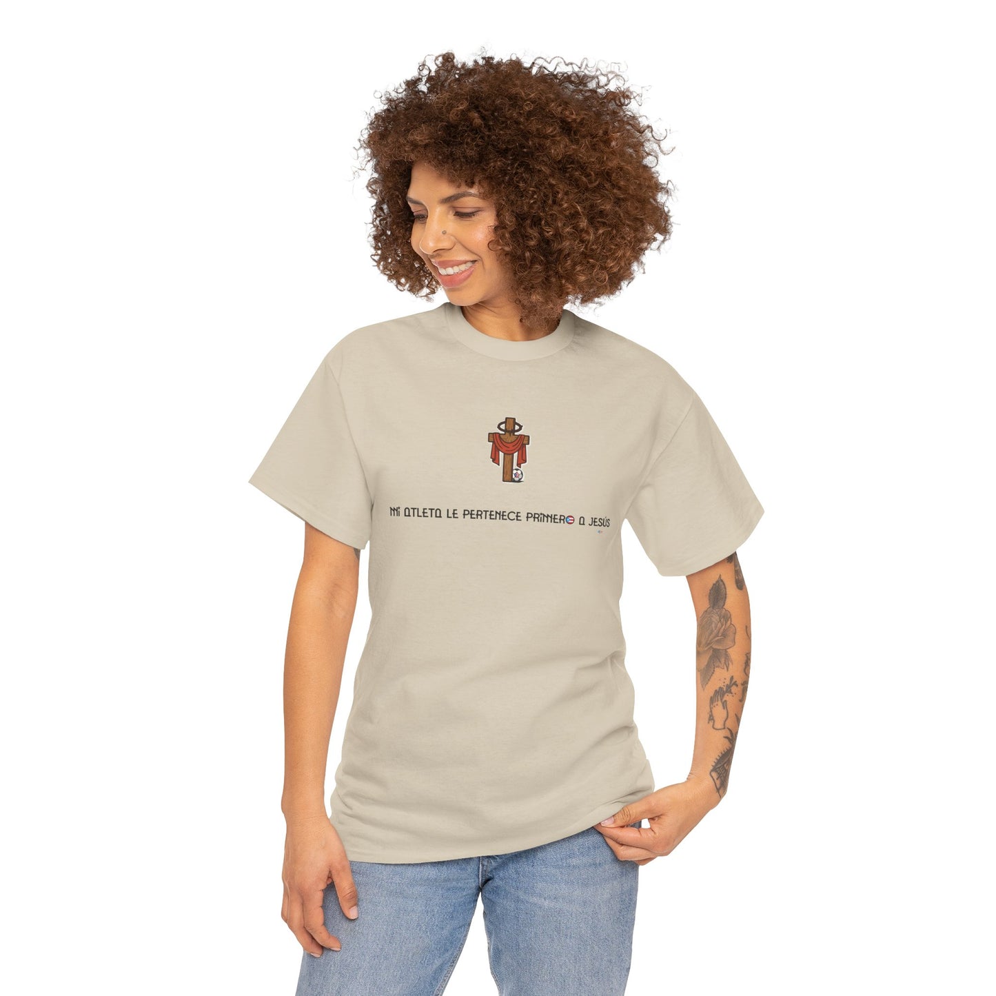 Mi Atleta Pertenece Primero a Jesús | Puerto Rico Faith Cross Soccer ball Unisex Heavy Cotton Tee