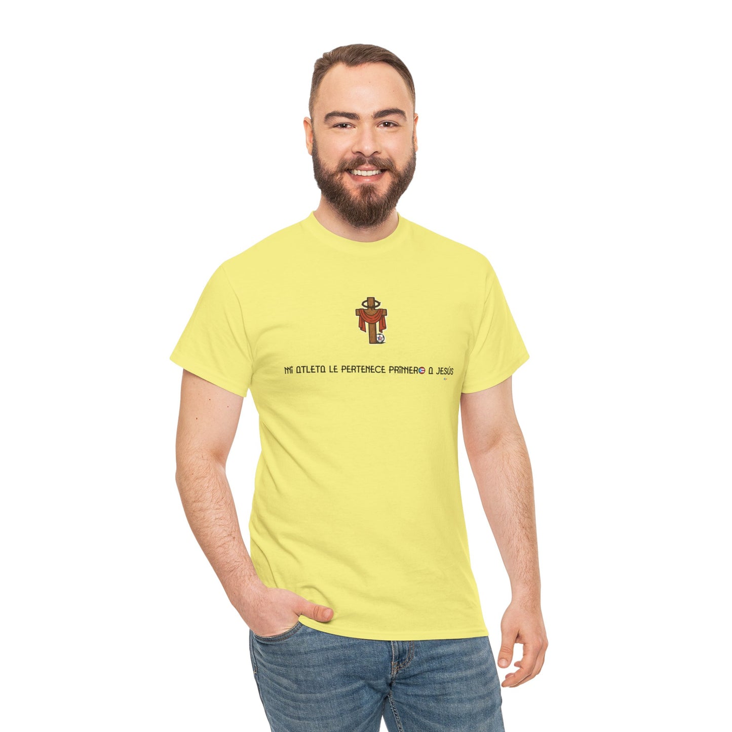 Mi Atleta Pertenece Primero a Jesús | Puerto Rico Faith Cross Soccer ball Unisex Heavy Cotton Tee