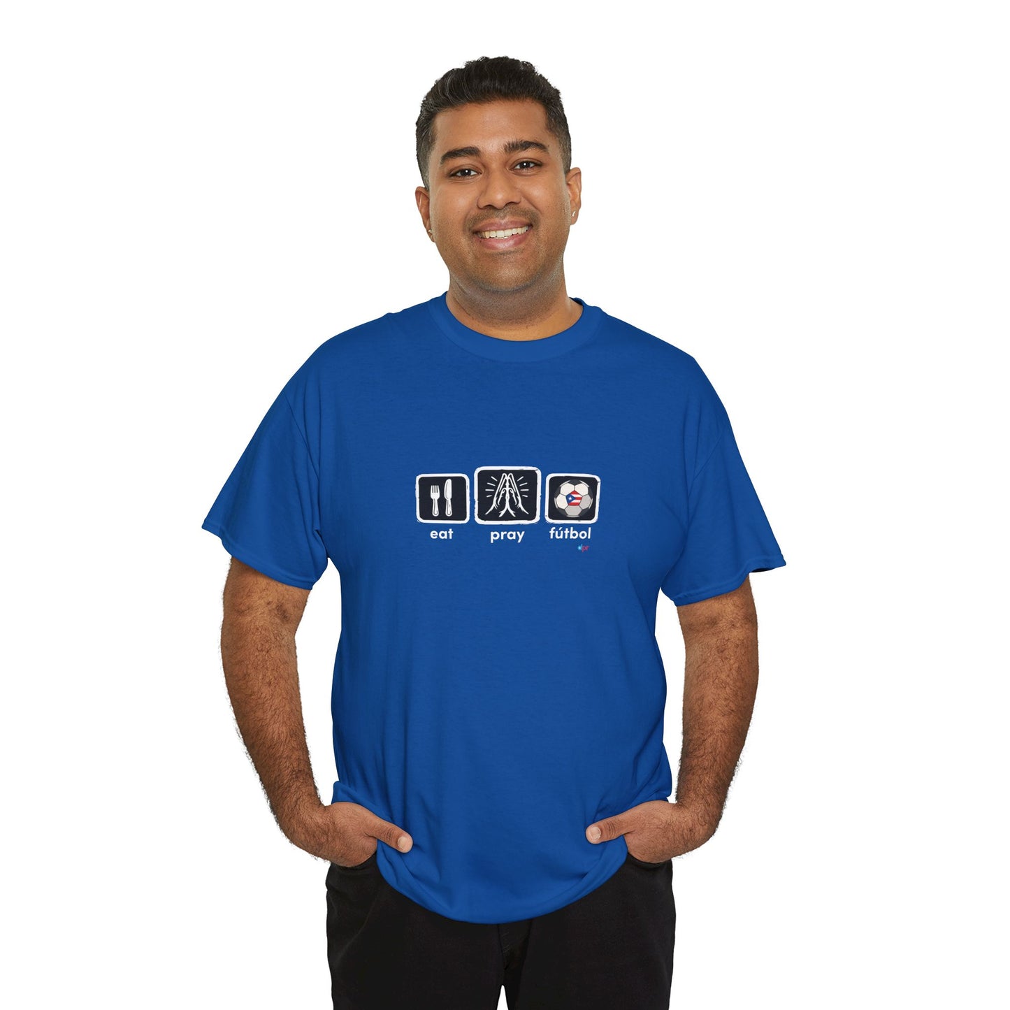 Eat Pray Fútbol Graphic Tee | Puerto Rican Flag Soccer Shirt | Unisex Heavy Cotton T-Shirt