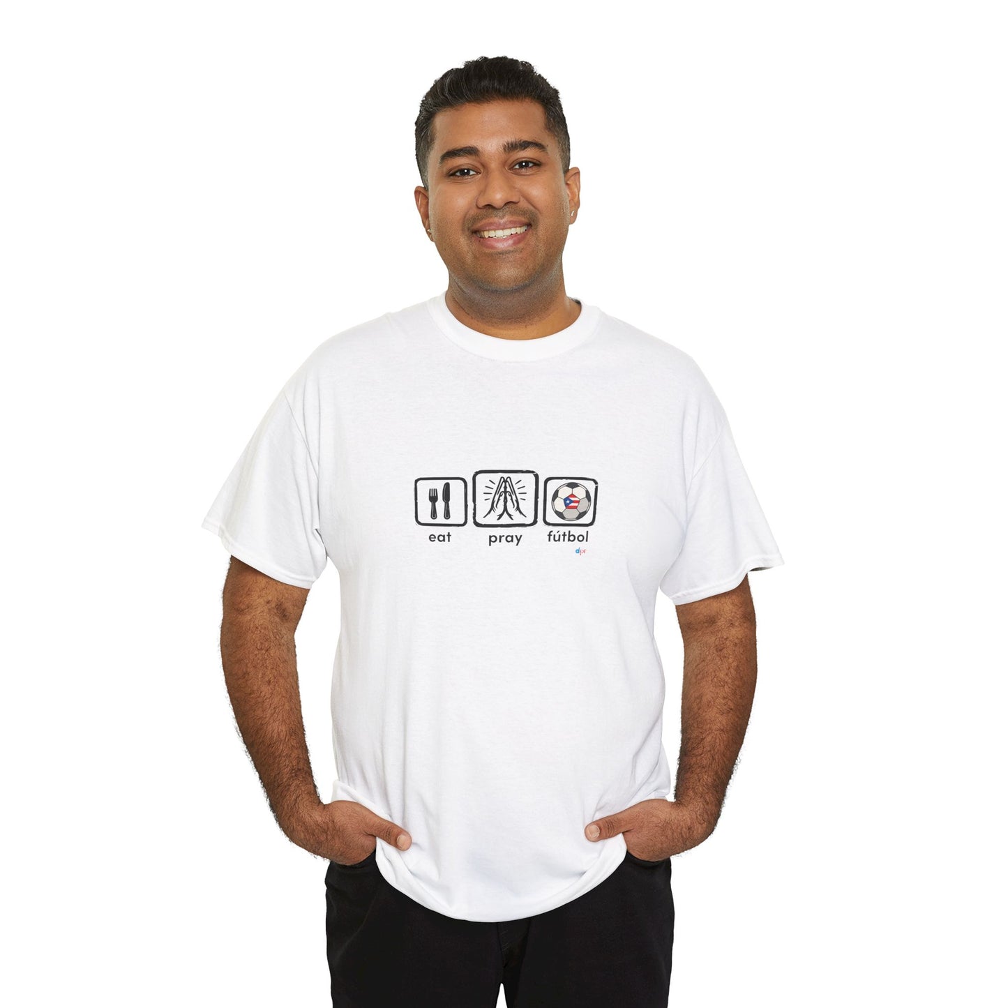 Eat Pray Fútbol Graphic Tee | Puerto Rican Flag Soccer Shirt | Unisex Heavy Cotton T-Shirt