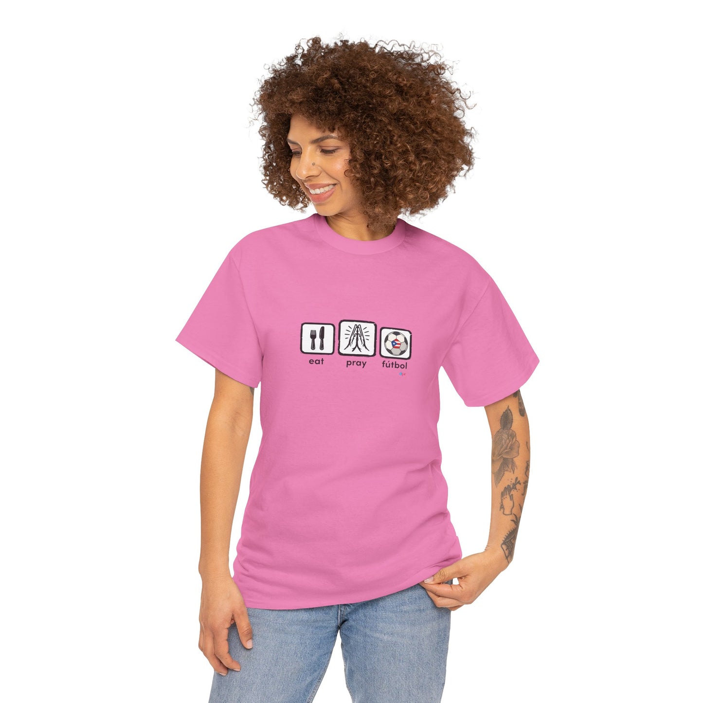 Eat Pray Fútbol Graphic Tee | Puerto Rican Flag Soccer Shirt | Unisex Heavy Cotton T-Shirt