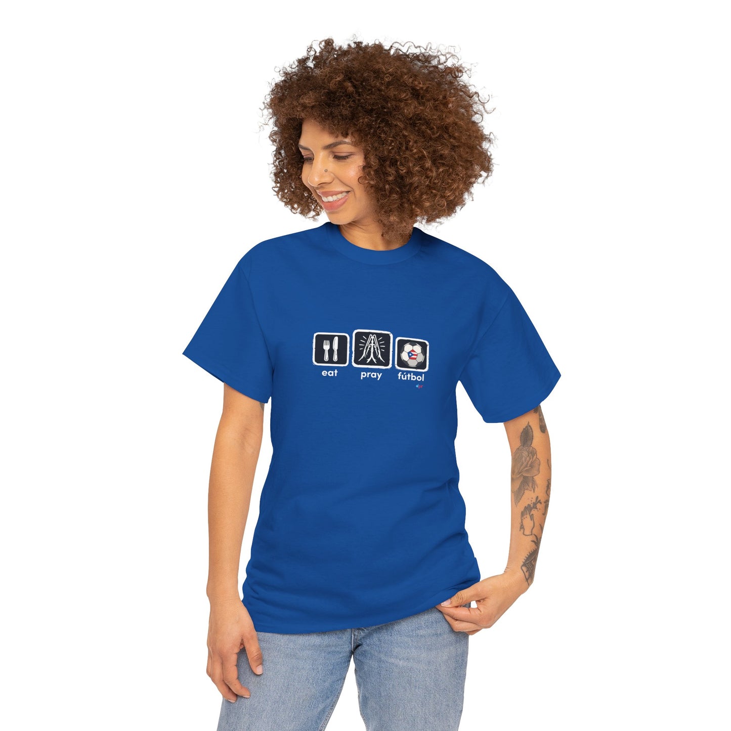 Eat Pray Fútbol Graphic Tee | Puerto Rican Flag Soccer Shirt | Unisex Heavy Cotton T-Shirt