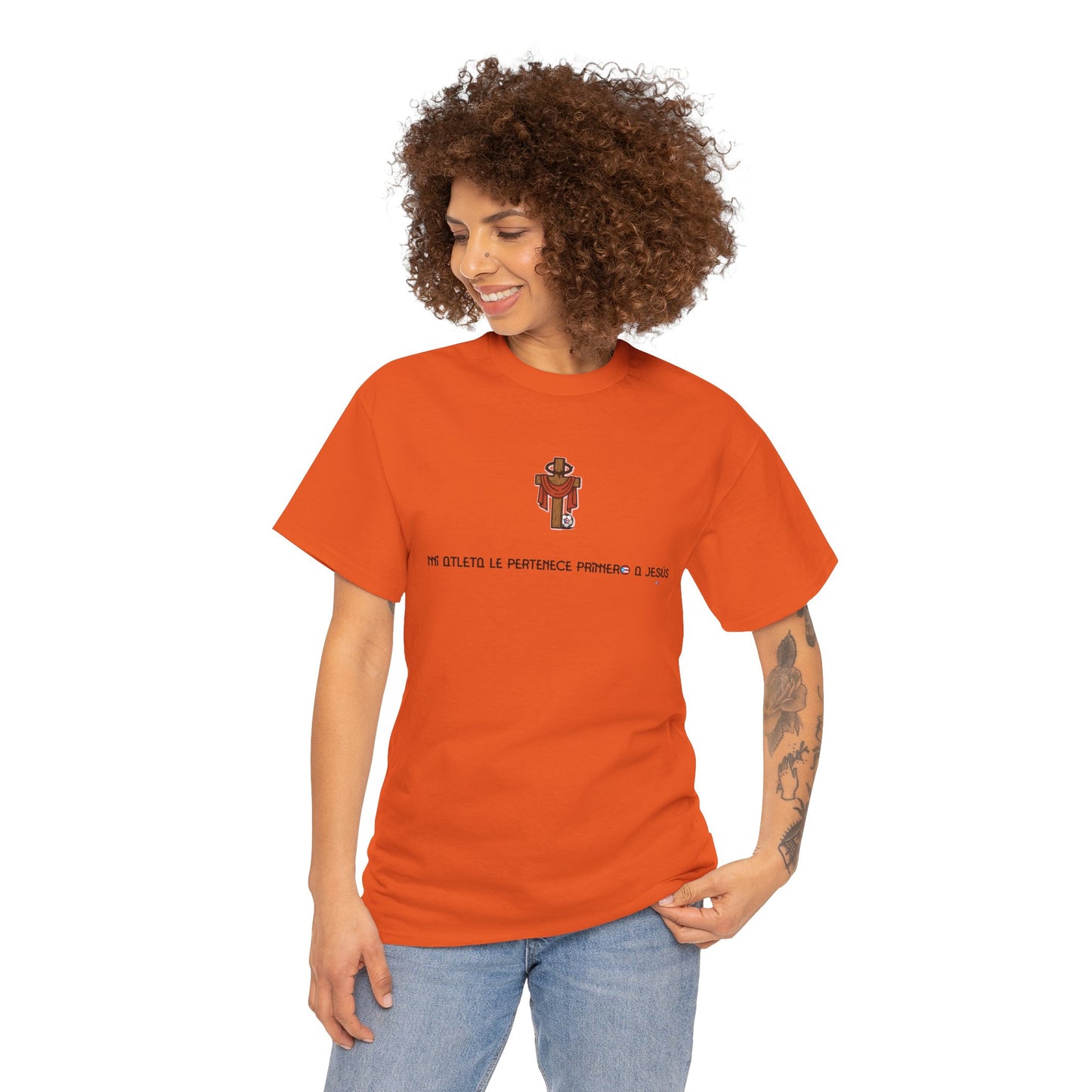 Mi Atleta Pertenece Primero a Jesús | Puerto Rico Faith Cross Soccer ball Unisex Heavy Cotton Tee