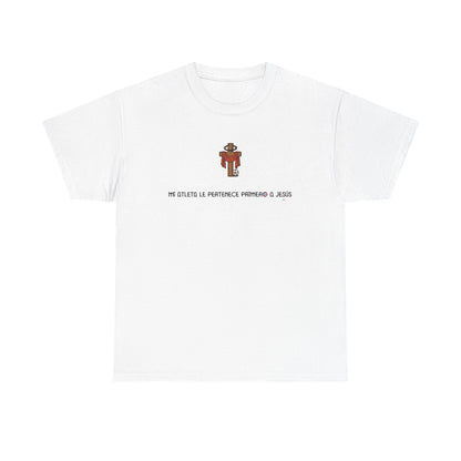Mi Atleta Pertenece Primero a Jesús | Puerto Rico Faith Cross Soccer ball Unisex Heavy Cotton Tee