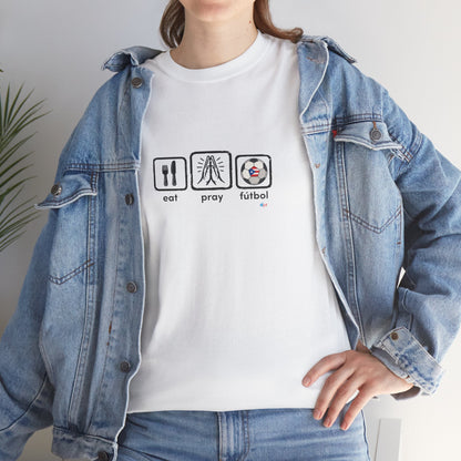 Eat Pray Fútbol Graphic Tee | Puerto Rican Flag Soccer Shirt | Unisex Heavy Cotton T-Shirt
