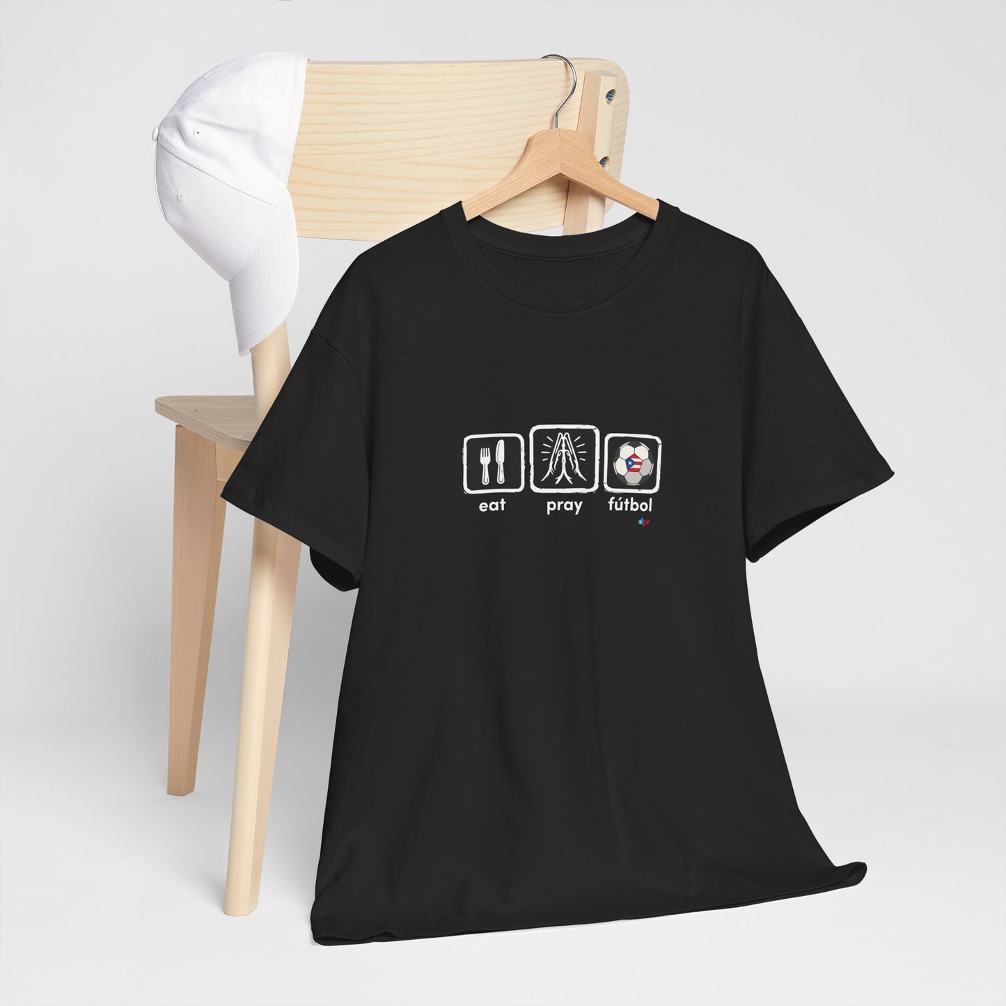 Eat Pray Fútbol Graphic Tee | Puerto Rican Flag Soccer Shirt | Unisex Heavy Cotton T-Shirt
