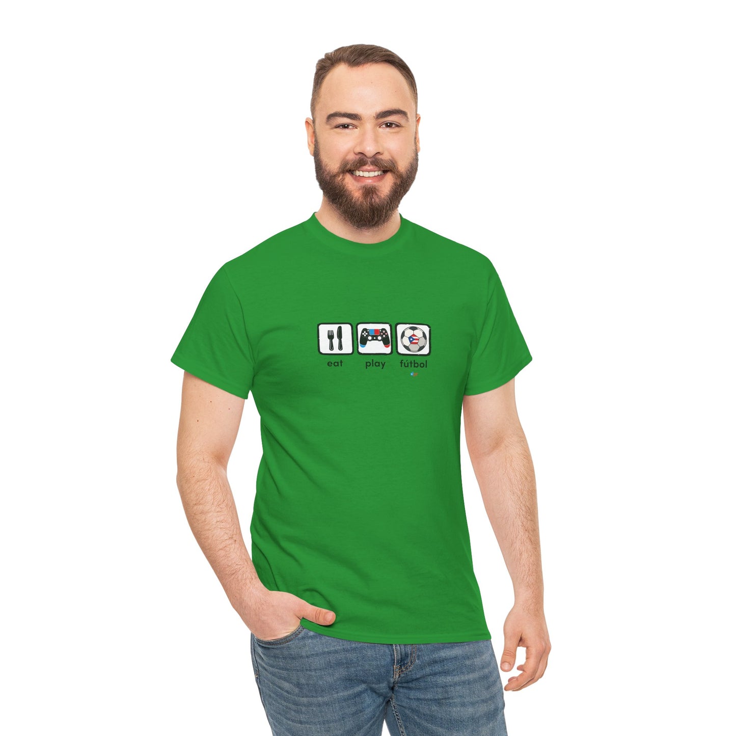 Eat Play Fútbol Graphic Tee | Puerto Rican Flag Soccer Shirt | Unisex Heavy Cotton T-Shirt
