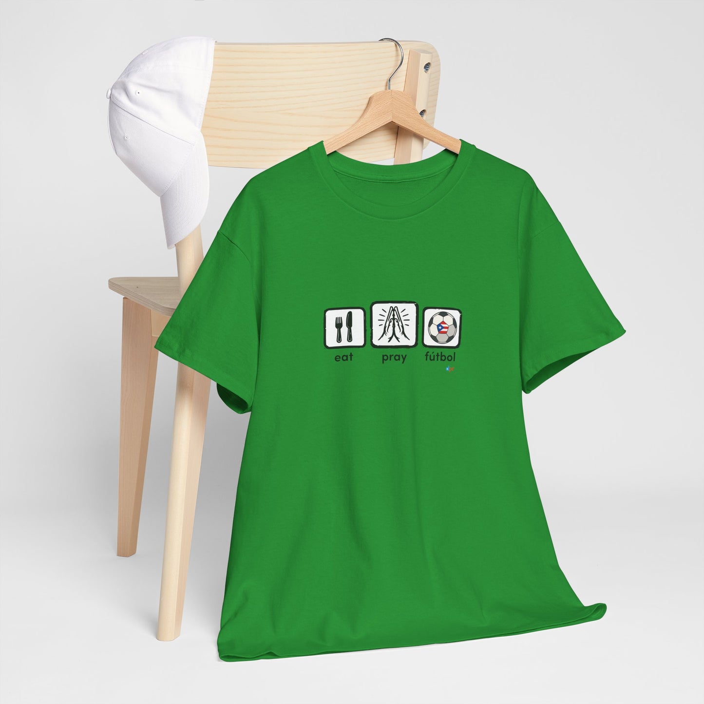 Eat Pray Fútbol Graphic Tee | Puerto Rican Flag Soccer Shirt | Unisex Heavy Cotton T-Shirt