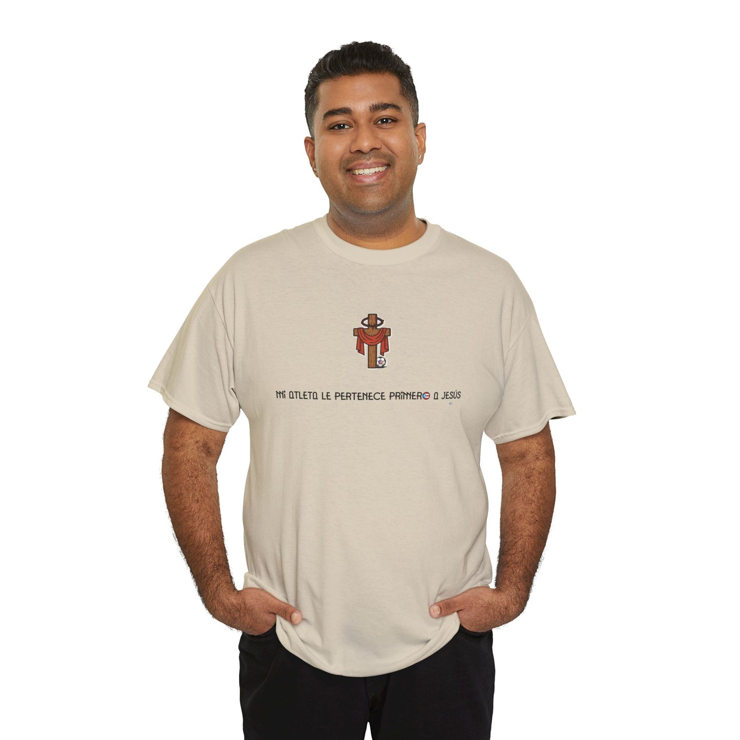 Mi Atleta Pertenece Primero a Jesús | Puerto Rico Faith Cross Soccer ball Unisex Heavy Cotton Tee