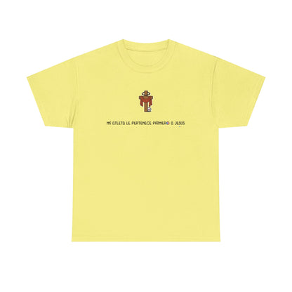 Mi Atleta Pertenece Primero a Jesús | Puerto Rico Faith Cross Soccer ball Unisex Heavy Cotton Tee
