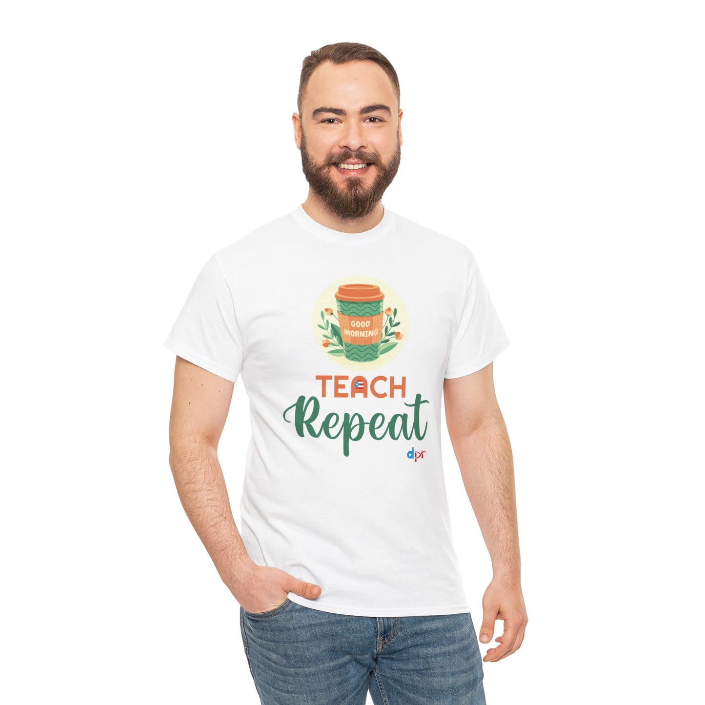 Coffee Teach Repeat - Back to School Boricua Teacher Heavy Cotton Tee