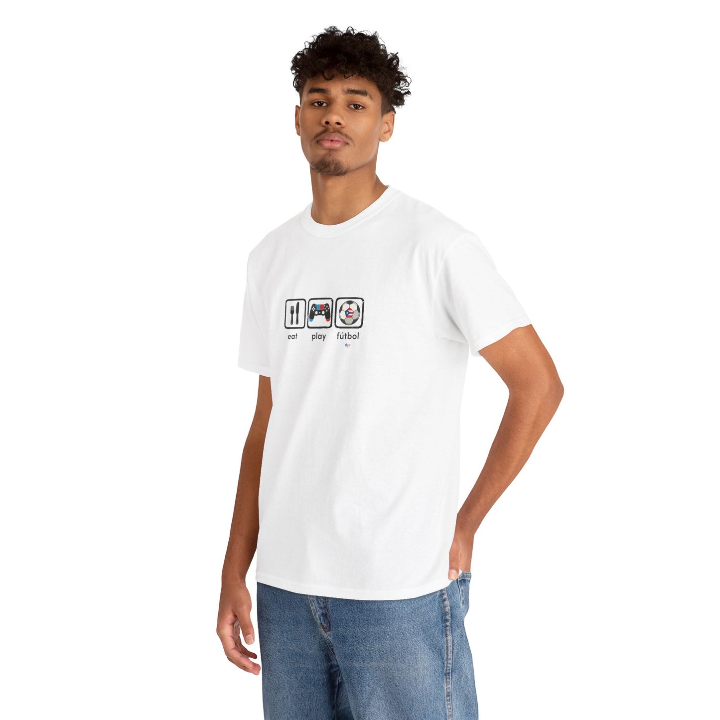 Eat Play Fútbol Graphic Tee | Puerto Rican Flag Soccer Shirt | Unisex Heavy Cotton T-Shirt
