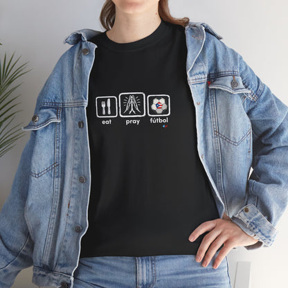 Eat Pray Fútbol Graphic Tee | Puerto Rican Flag Soccer Shirt | Unisex Heavy Cotton T-Shirt
