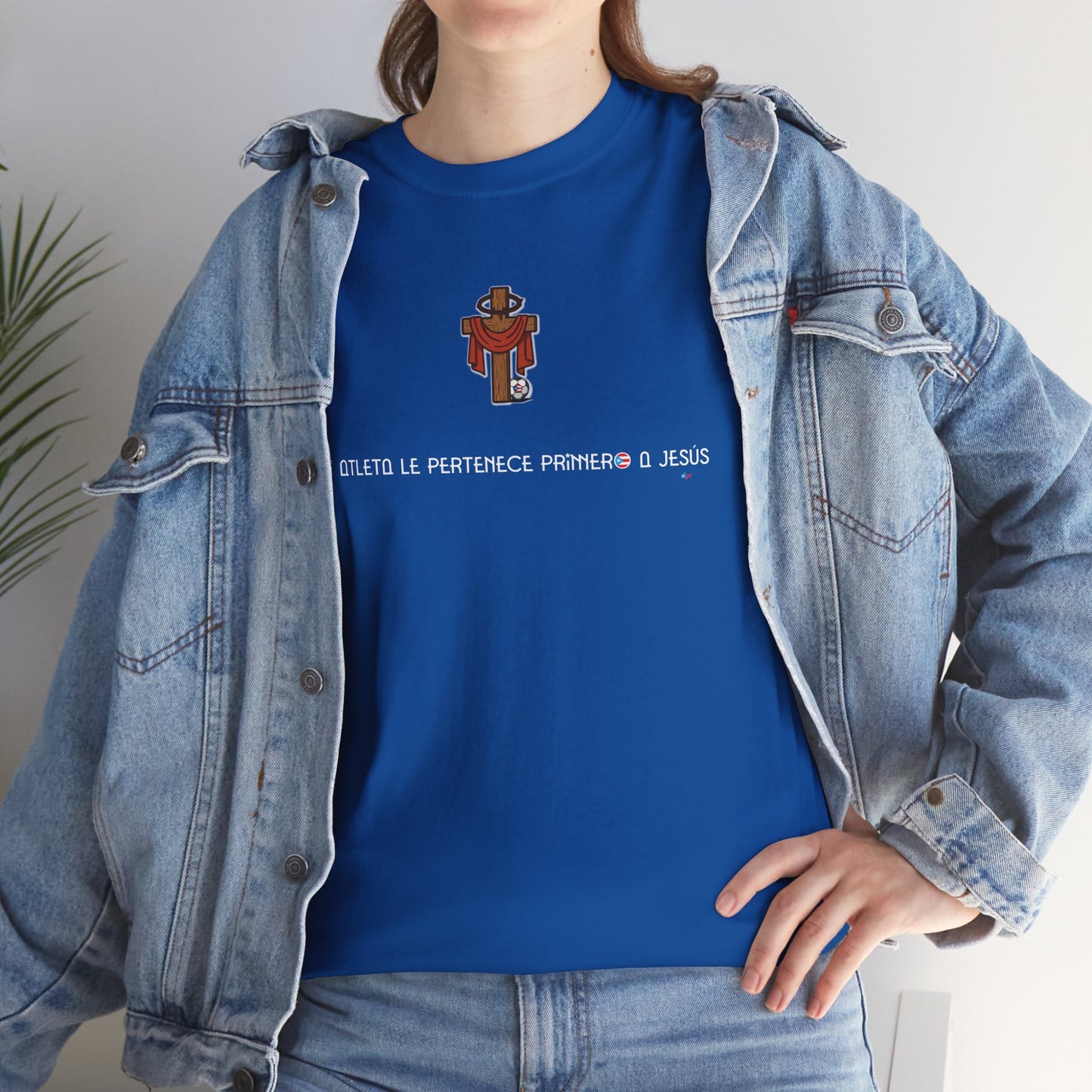 Mi Atleta Pertenece Primero a Jesús | Puerto Rico Faith Cross Soccer ball Unisex Heavy Cotton Tee