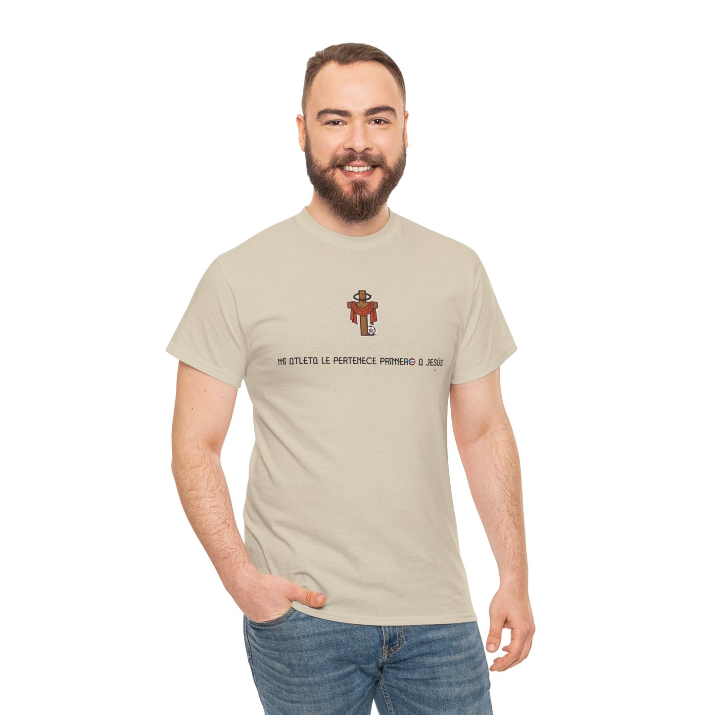 Mi Atleta Pertenece Primero a Jesús | Puerto Rico Faith Cross Soccer ball Unisex Heavy Cotton Tee
