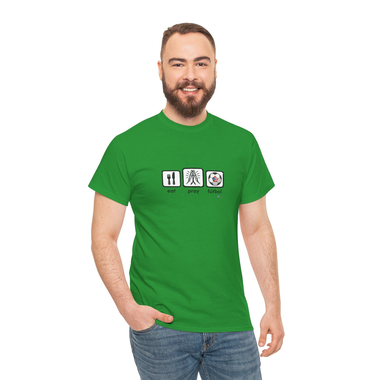 Eat Pray Fútbol Graphic Tee | Puerto Rican Flag Soccer Shirt | Unisex Heavy Cotton T-Shirt