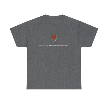 Mi Atleta Pertenece Primero a Jesús | Puerto Rico Faith Cross Soccer ball Unisex Heavy Cotton Tee