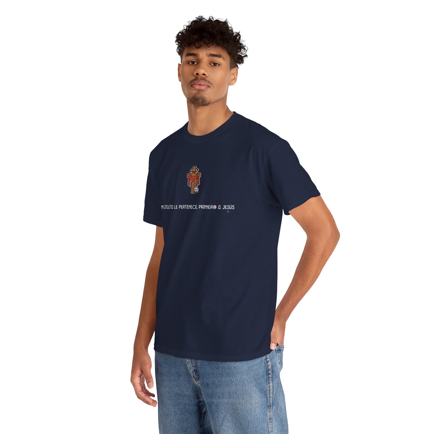 Mi Atleta Pertenece Primero a Jesús | Puerto Rico Faith Cross Soccer ball Unisex Heavy Cotton Tee