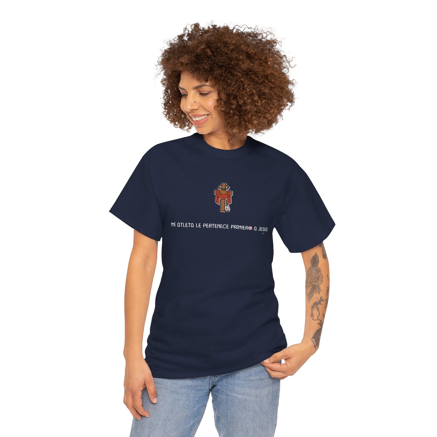 Mi Atleta Pertenece Primero a Jesús | Puerto Rico Faith Cross Soccer ball Unisex Heavy Cotton Tee