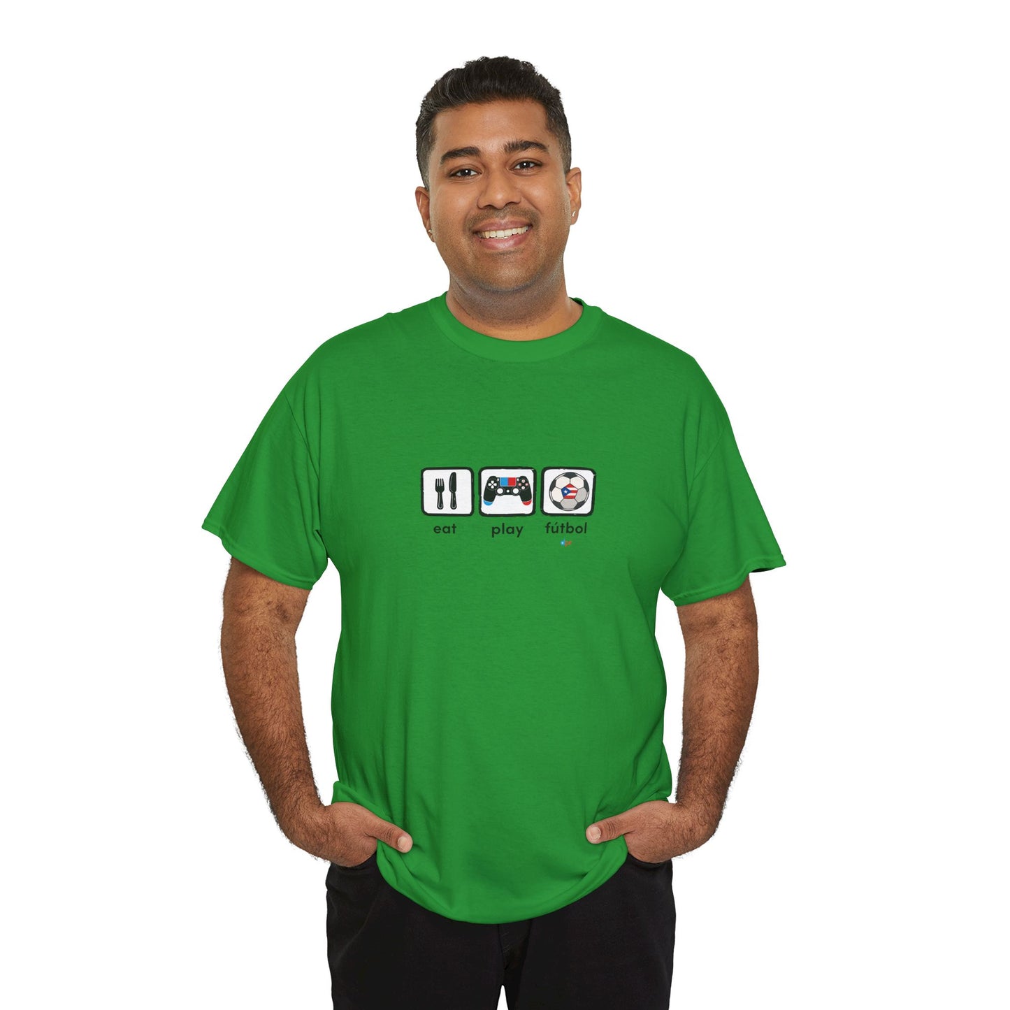 Eat Play Fútbol Graphic Tee | Puerto Rican Flag Soccer Shirt | Unisex Heavy Cotton T-Shirt