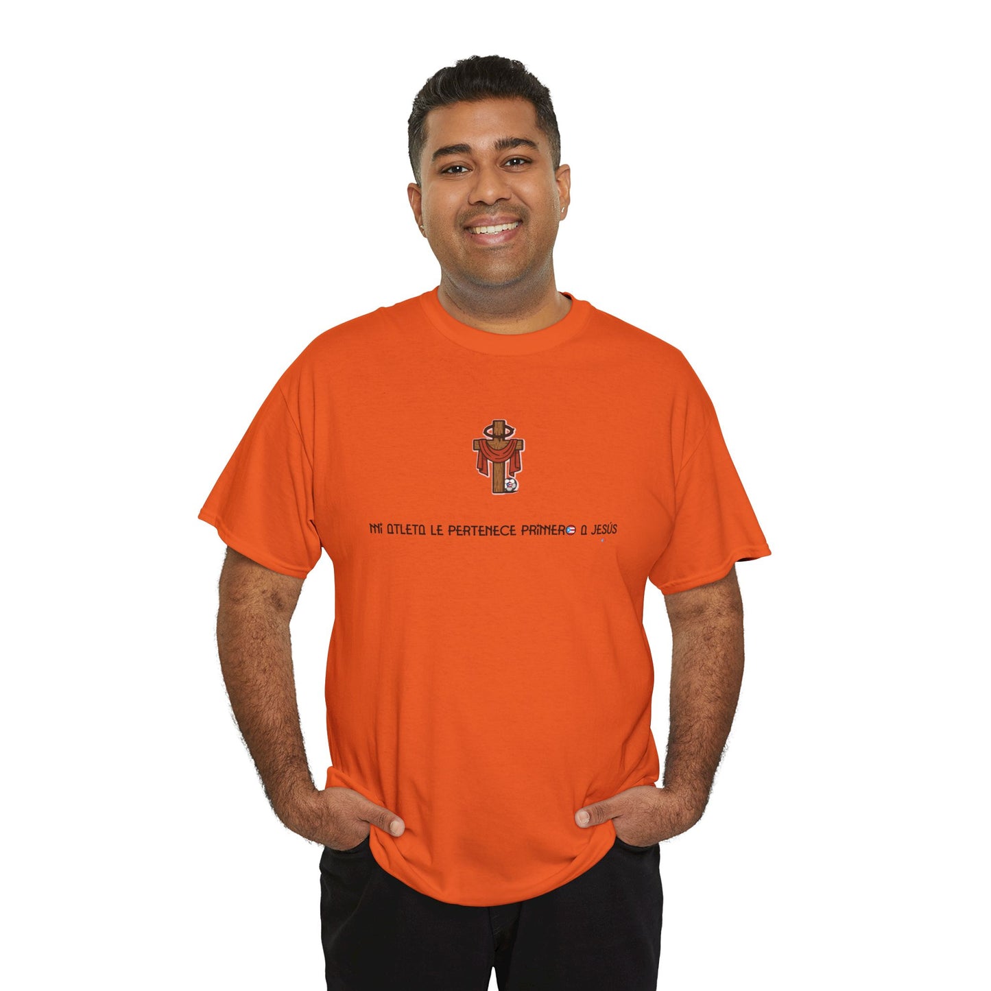 Mi Atleta Pertenece Primero a Jesús | Puerto Rico Faith Cross Soccer ball Unisex Heavy Cotton Tee
